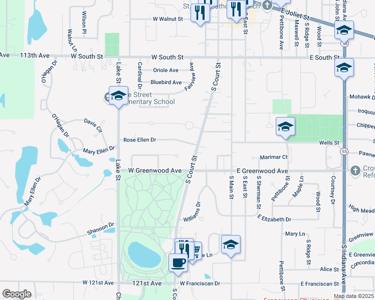 map of restaurants, bars, coffee shops, grocery stores, and more near 615 S Court St in Crown Point