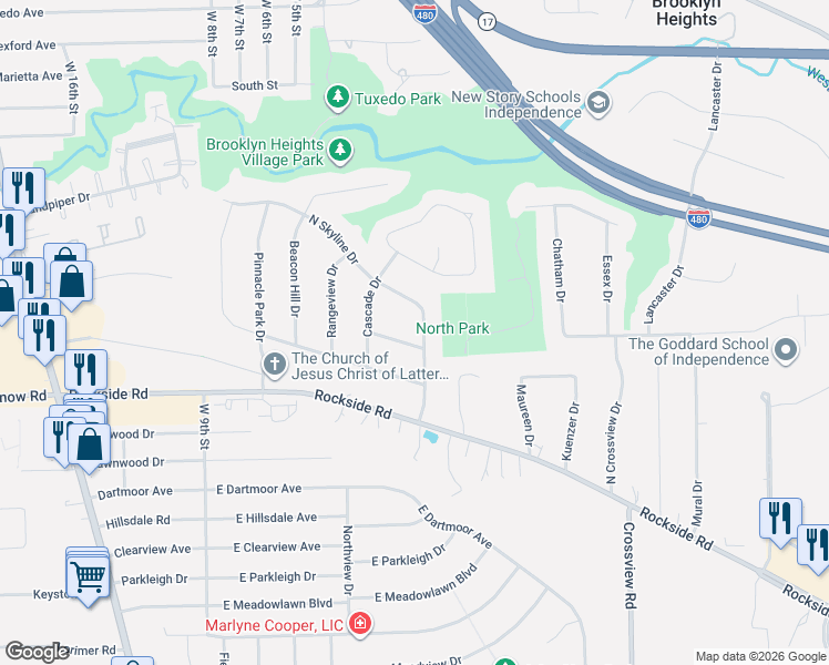 map of restaurants, bars, coffee shops, grocery stores, and more near 5705 Skyline Drive in Seven Hills