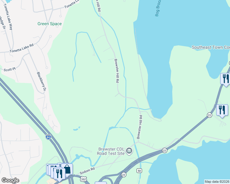 map of restaurants, bars, coffee shops, grocery stores, and more near 91 Brewster Hill Road in Brewster