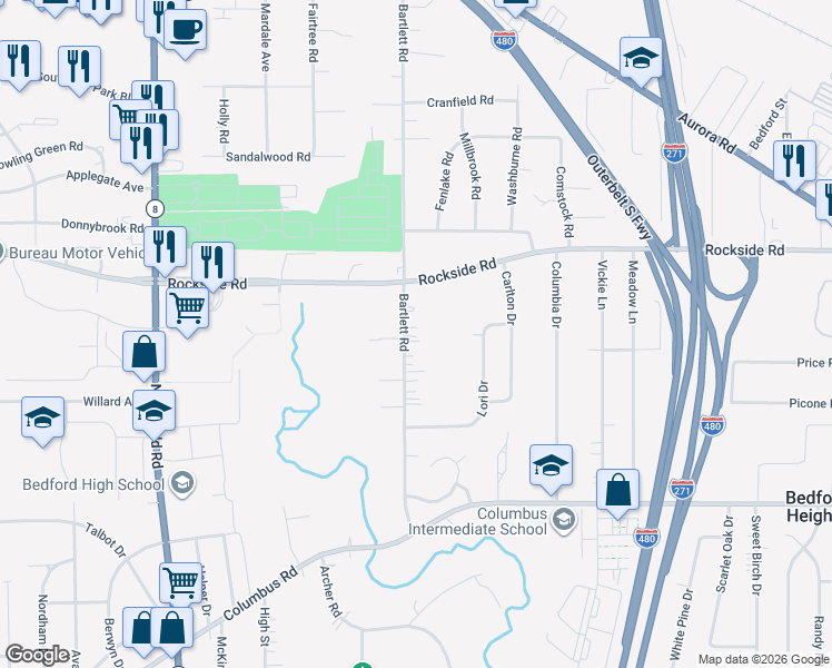 map of restaurants, bars, coffee shops, grocery stores, and more near 5599 Bartlett Road in Bedford Heights