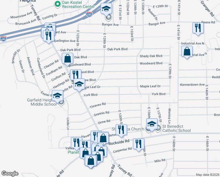 map of restaurants, bars, coffee shops, grocery stores, and more near 12809 Maple Leaf Drive in Garfield Heights