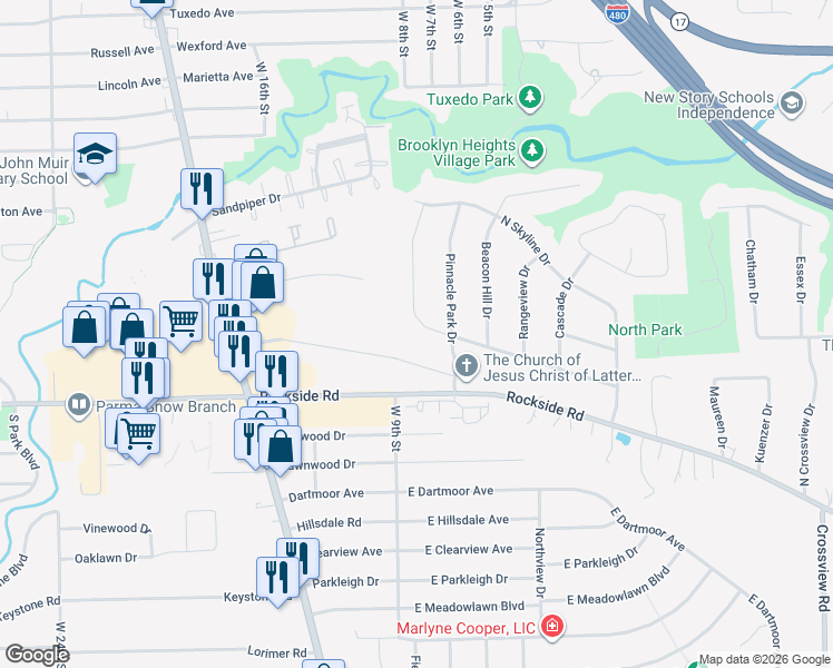 map of restaurants, bars, coffee shops, grocery stores, and more near 271 Long Ridge Drive in Seven Hills