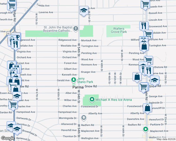 map of restaurants, bars, coffee shops, grocery stores, and more near 5115 Kenmore Avenue in Parma