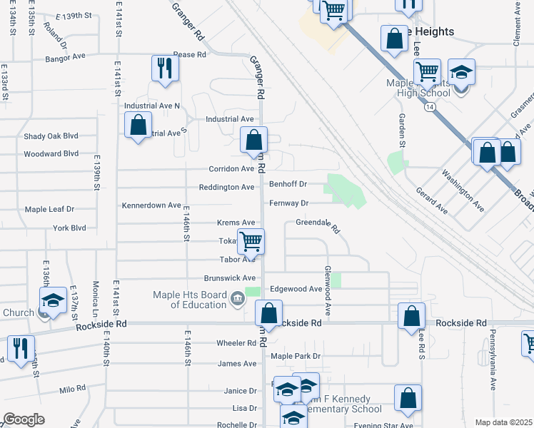 map of restaurants, bars, coffee shops, grocery stores, and more near 5611 Dunham Road in Maple Heights