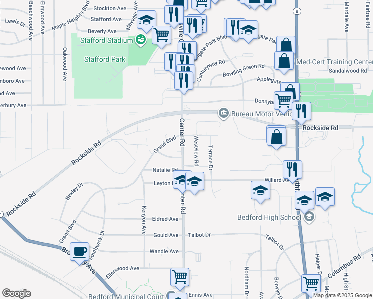 map of restaurants, bars, coffee shops, grocery stores, and more near 474 Center Road in Bedford