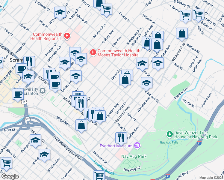 map of restaurants, bars, coffee shops, grocery stores, and more near 634 Taylor Avenue in Scranton