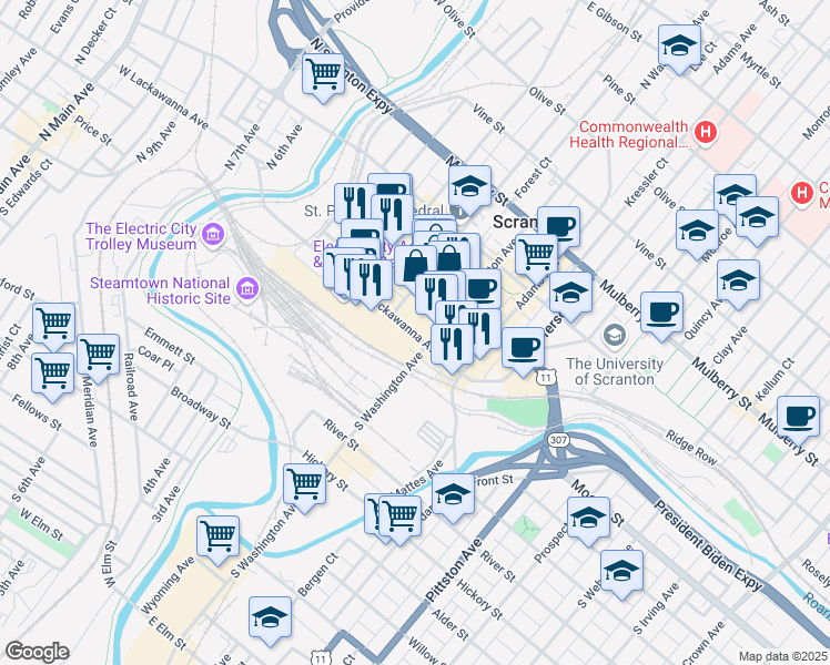 map of restaurants, bars, coffee shops, grocery stores, and more near 401 Lackawanna Avenue in Scranton