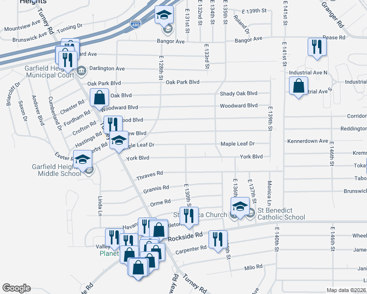 map of restaurants, bars, coffee shops, grocery stores, and more near 13001 Maple Leaf Drive in Garfield Heights