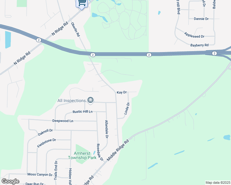 map of restaurants, bars, coffee shops, grocery stores, and more near 1250 Kay Drive in Lorain
