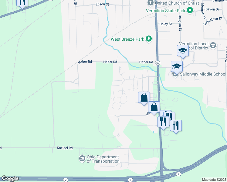 map of restaurants, bars, coffee shops, grocery stores, and more near 5003 Portside Drive in Vermilion