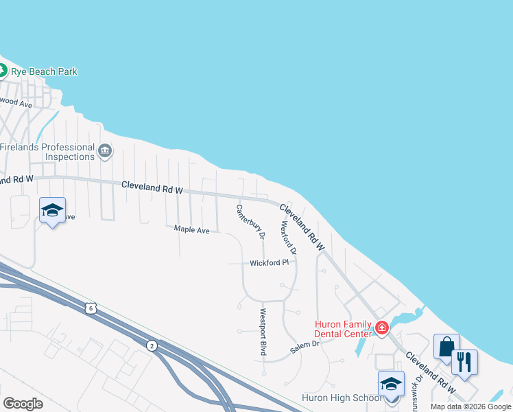 map of restaurants, bars, coffee shops, grocery stores, and more near 1308 Cleveland Road West in Huron