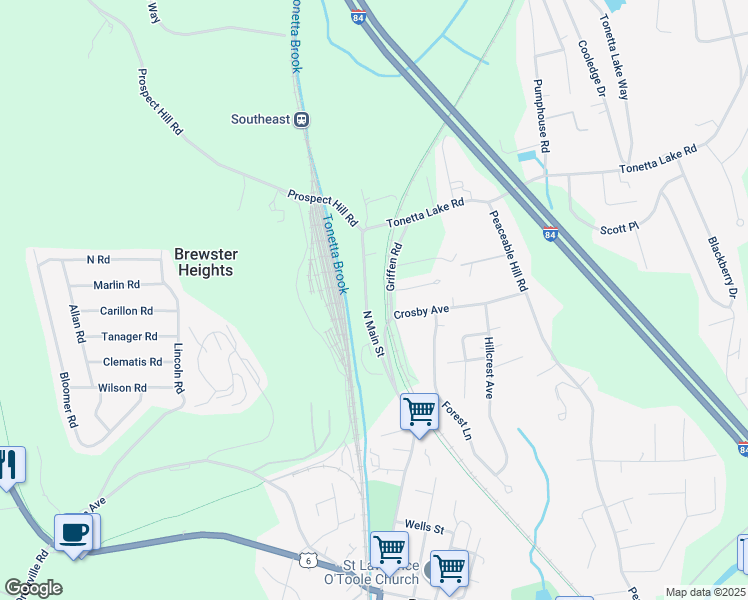 map of restaurants, bars, coffee shops, grocery stores, and more near 650 North Main Street in Brewster
