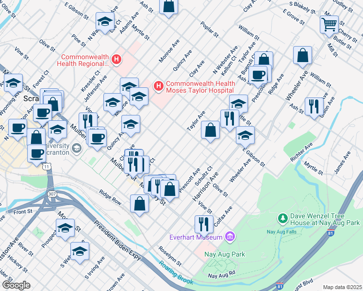 map of restaurants, bars, coffee shops, grocery stores, and more near 634 Taylor Avenue in Scranton