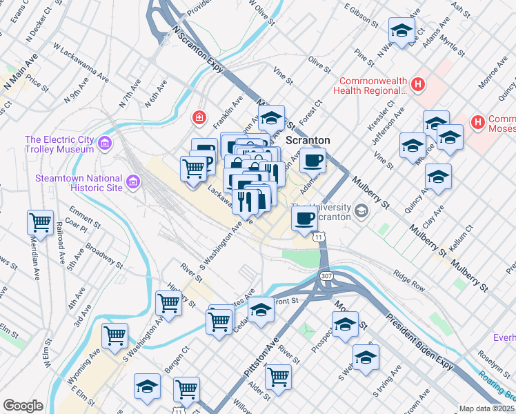 map of restaurants, bars, coffee shops, grocery stores, and more near 125 North Washington Avenue in Scranton