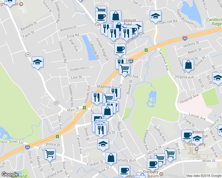 map of restaurants, bars, coffee shops, grocery stores, and more near 10 Madison Avenue in Danbury