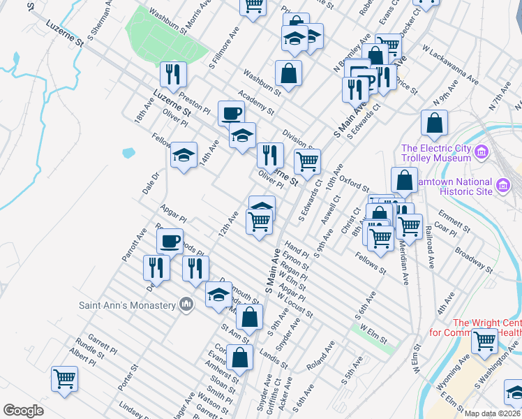 map of restaurants, bars, coffee shops, grocery stores, and more near 1148 Hampton Street in Scranton