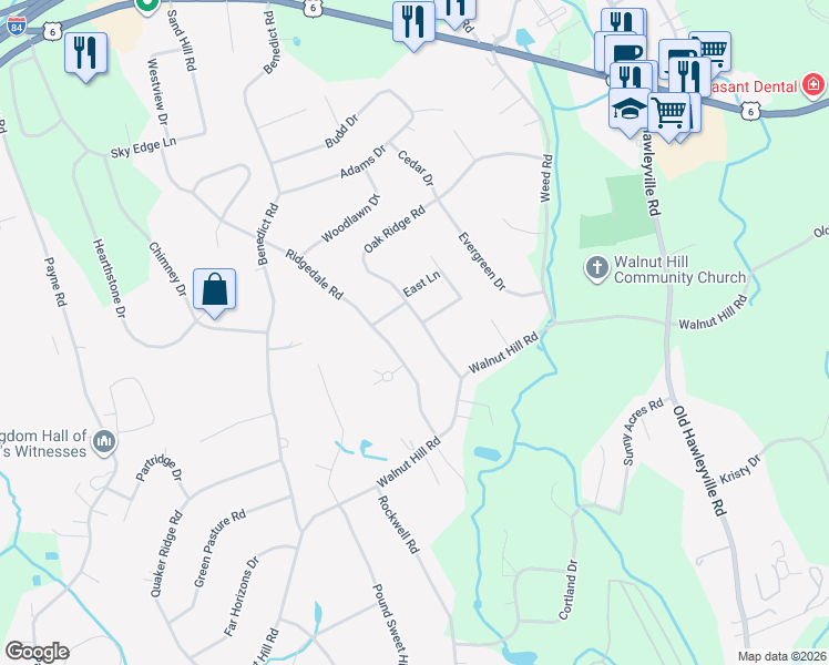 map of restaurants, bars, coffee shops, grocery stores, and more near 12 Oak Ridge Road in Bethel