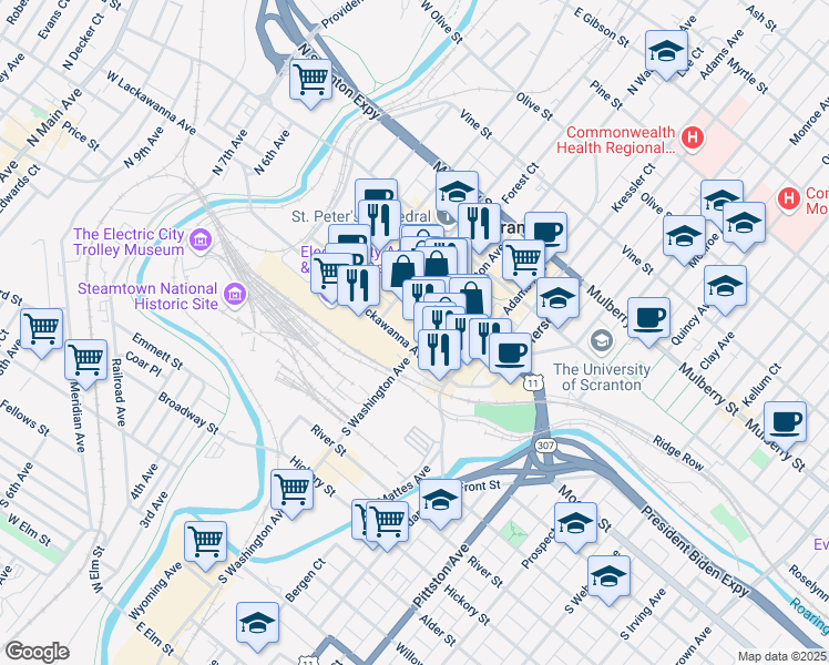 map of restaurants, bars, coffee shops, grocery stores, and more near 125 North Washington Avenue in Scranton