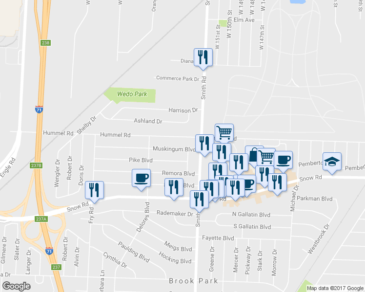 map of restaurants, bars, coffee shops, grocery stores, and more near 15424 Muskingum Boulevard in Brook Park