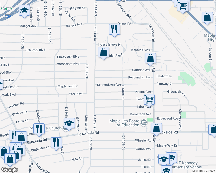 map of restaurants, bars, coffee shops, grocery stores, and more near 14306 Kennerdown Avenue in Maple Heights
