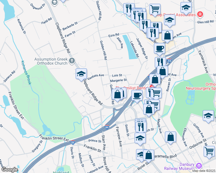 map of restaurants, bars, coffee shops, grocery stores, and more near 2 Aiken Avenue in Danbury