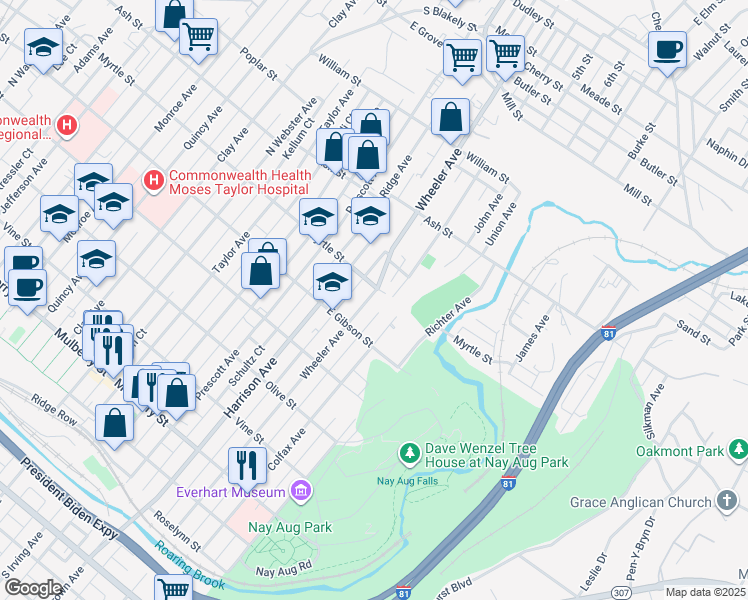 map of restaurants, bars, coffee shops, grocery stores, and more near 1703 Myrtle Street in Scranton