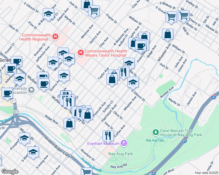 map of restaurants, bars, coffee shops, grocery stores, and more near 704 North Irving Avenue in Scranton