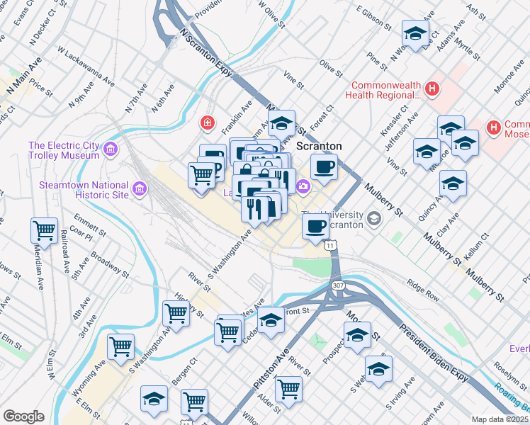map of restaurants, bars, coffee shops, grocery stores, and more near 125 North Washington Avenue in Scranton