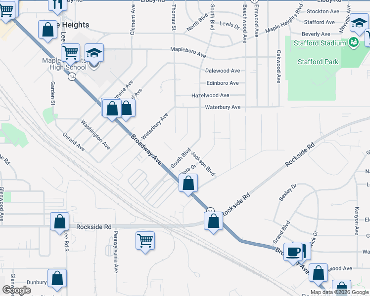map of restaurants, bars, coffee shops, grocery stores, and more near 5670 South Boulevard in Maple Heights