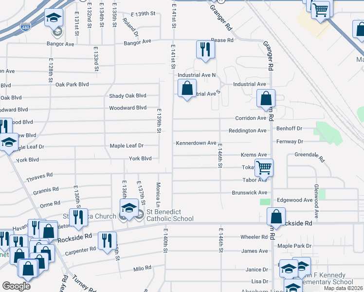 map of restaurants, bars, coffee shops, grocery stores, and more near 14111 Kennerdown Avenue in Maple Heights
