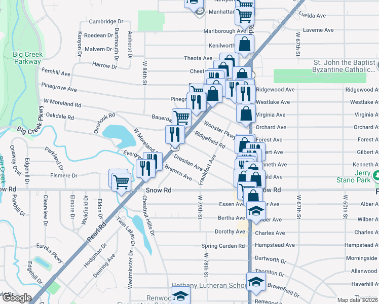 map of restaurants, bars, coffee shops, grocery stores, and more near 7919 Jameson Road in Parma