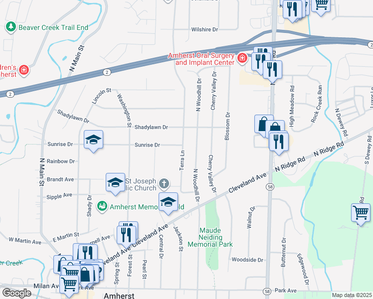 map of restaurants, bars, coffee shops, grocery stores, and more near 597 Terra Lane in Amherst