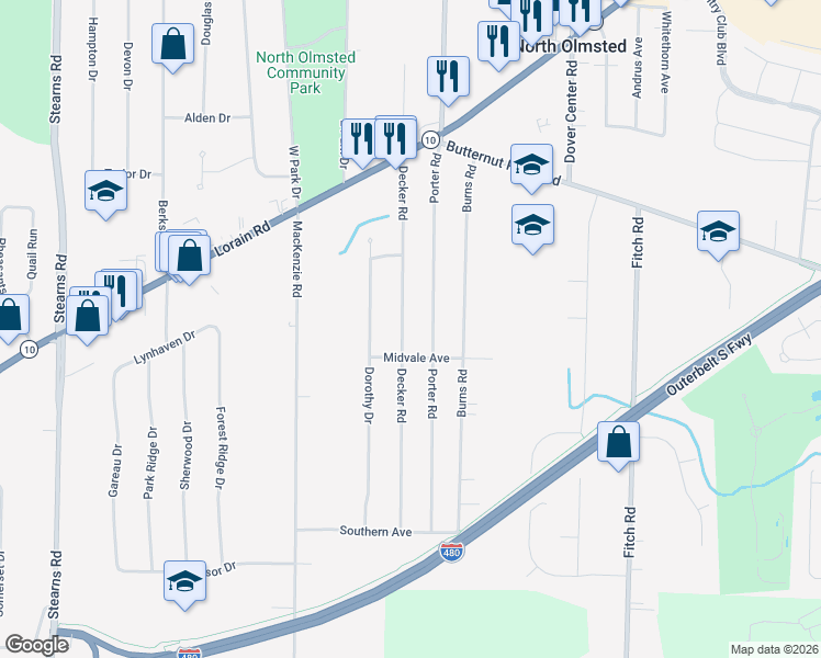 map of restaurants, bars, coffee shops, grocery stores, and more near 5693 Decker Road in North Olmsted