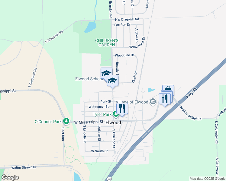 map of restaurants, bars, coffee shops, grocery stores, and more near 409 North Chicago Street in Elwood