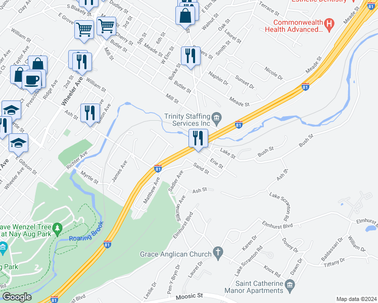 map of restaurants, bars, coffee shops, grocery stores, and more near Interstate 81 in Scranton