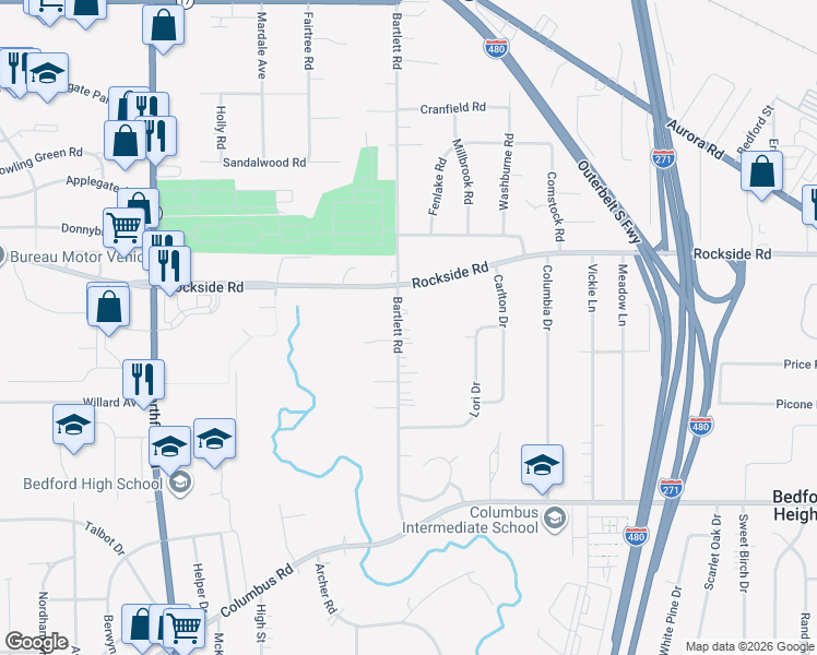 map of restaurants, bars, coffee shops, grocery stores, and more near 5599 Bartlett Road in Bedford Heights