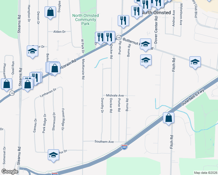 map of restaurants, bars, coffee shops, grocery stores, and more near 5693 Decker Road in North Olmsted
