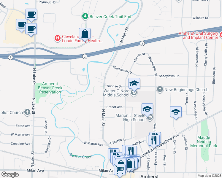 map of restaurants, bars, coffee shops, grocery stores, and more near 597 North Main Street in Amherst