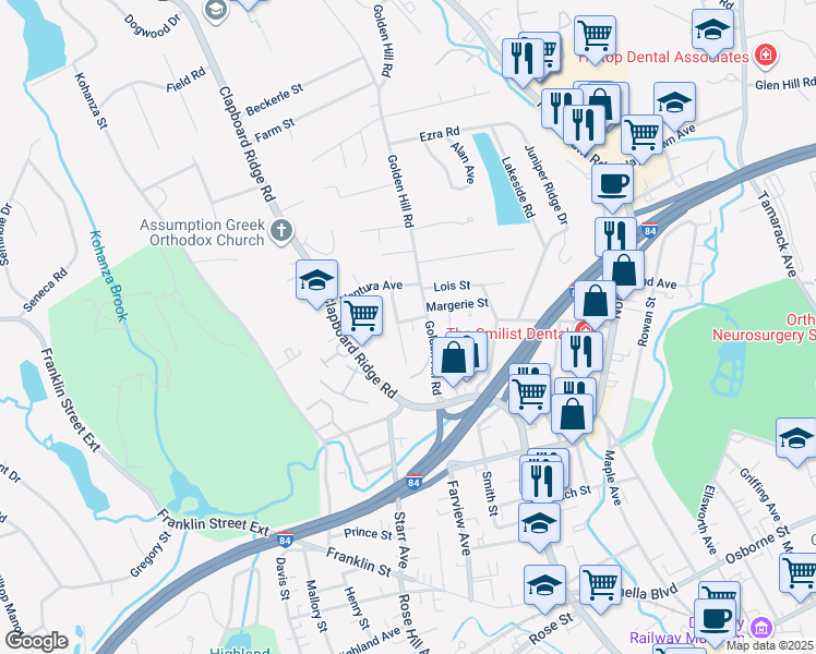 map of restaurants, bars, coffee shops, grocery stores, and more near 2 Aiken Avenue in Danbury