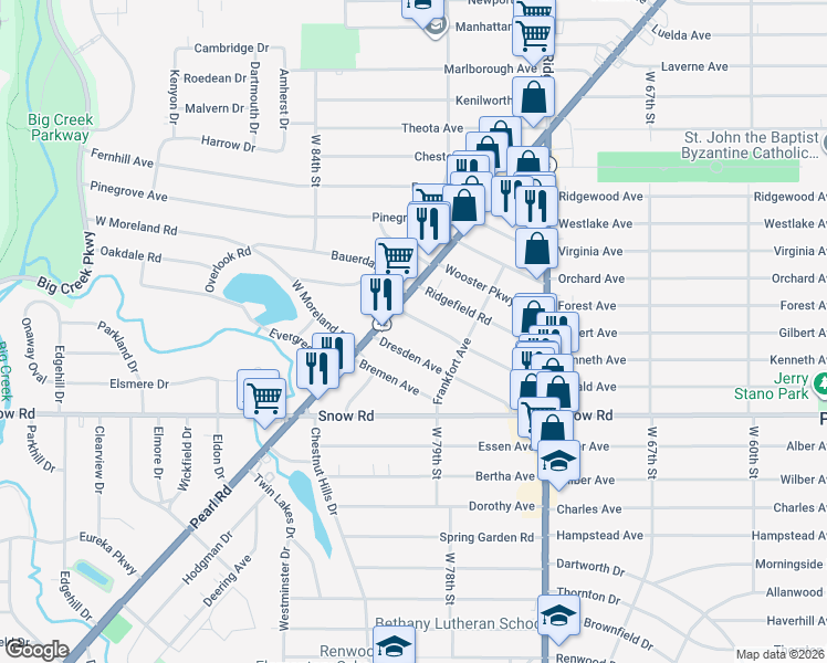 map of restaurants, bars, coffee shops, grocery stores, and more near 7919 Jameson Road in Parma