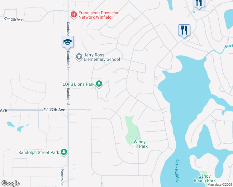 map of restaurants, bars, coffee shops, grocery stores, and more near 3117 Devonshire Circle in Crown Point