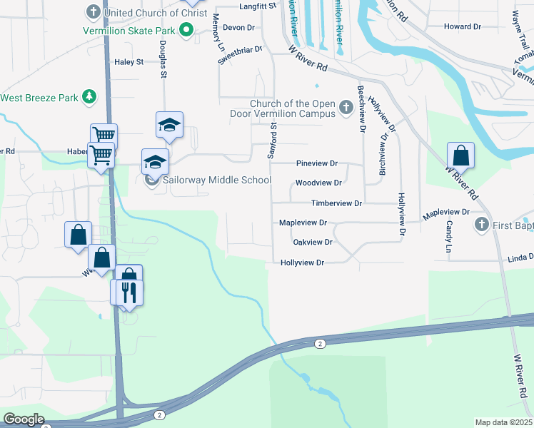 map of restaurants, bars, coffee shops, grocery stores, and more near 1430 Sanford Street in Vermilion