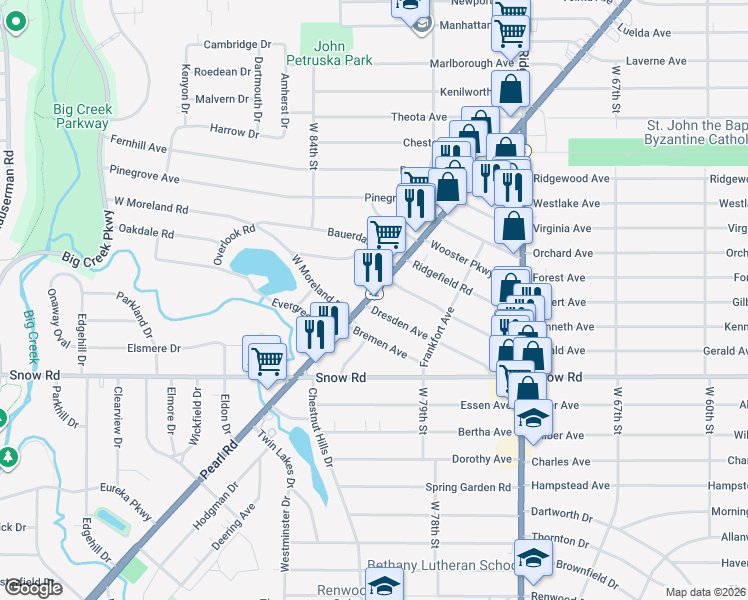 map of restaurants, bars, coffee shops, grocery stores, and more near 5683 Pearl Road in Parma