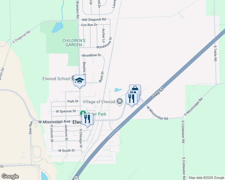 map of restaurants, bars, coffee shops, grocery stores, and more near 136 North Saint Louis Street in Elwood