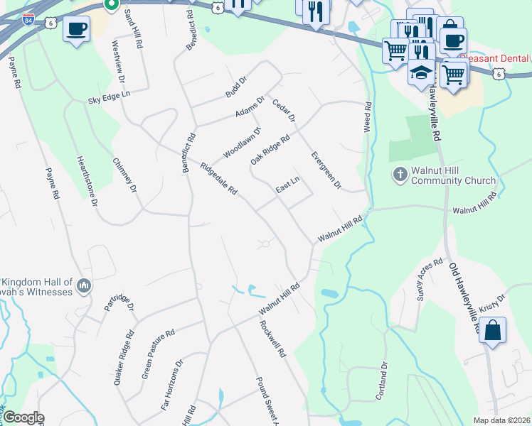 map of restaurants, bars, coffee shops, grocery stores, and more near 23 Ridgedale Road in Bethel