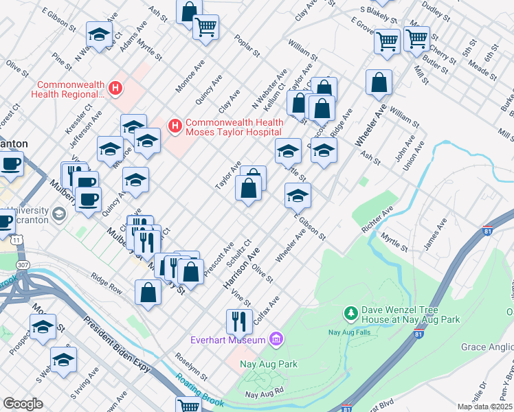 map of restaurants, bars, coffee shops, grocery stores, and more near 727 Prescott Avenue in Scranton
