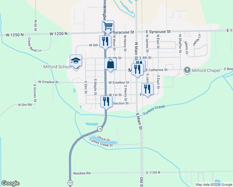 map of restaurants, bars, coffee shops, grocery stores, and more near 211 South Henry Street in Milford