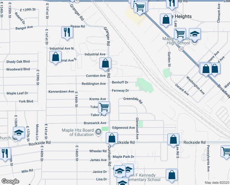 map of restaurants, bars, coffee shops, grocery stores, and more near 15304 Fernway Drive in Maple Heights