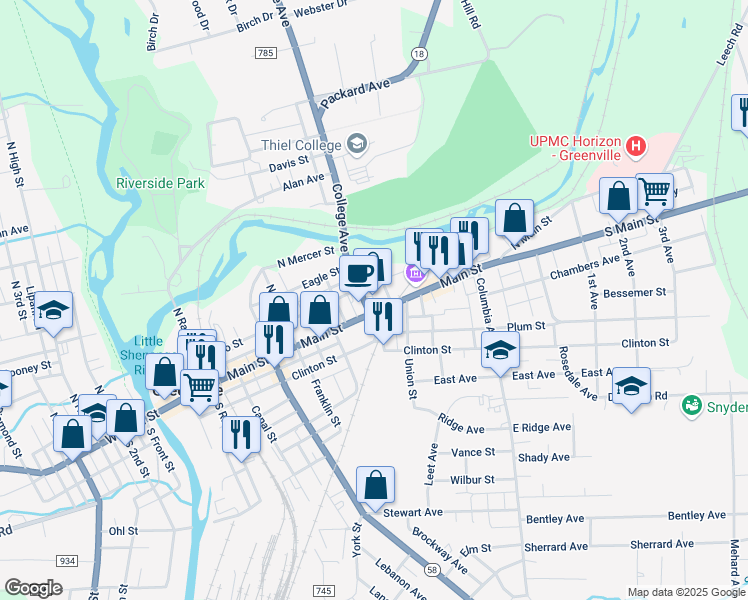 map of restaurants, bars, coffee shops, grocery stores, and more near 294 Main Street in Greenville