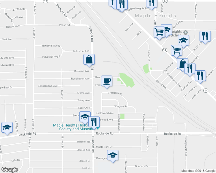 map of restaurants, bars, coffee shops, grocery stores, and more near 15504 Fernway Drive in Maple Heights